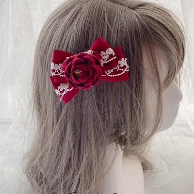 Pretty Girl Lolita~Elegant Lolita Burgundy Rose Headdresses a flower-studded side clip  