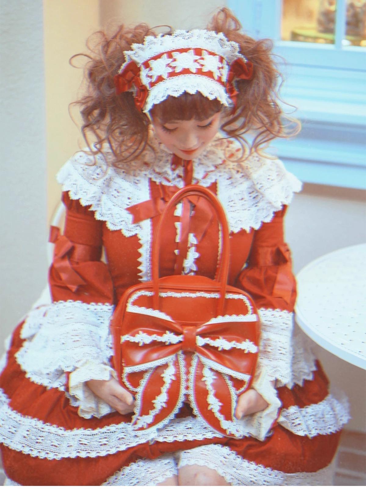Sheep Puff - Old School Lolita Bag, Ear-Like Bow & Floral Lace