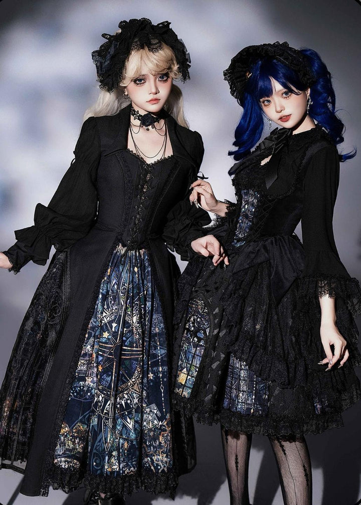 Susin Lolita~Night Traveler~Gothic Lolita Skirt Outfit Long Coat Shirt and Bustier Set