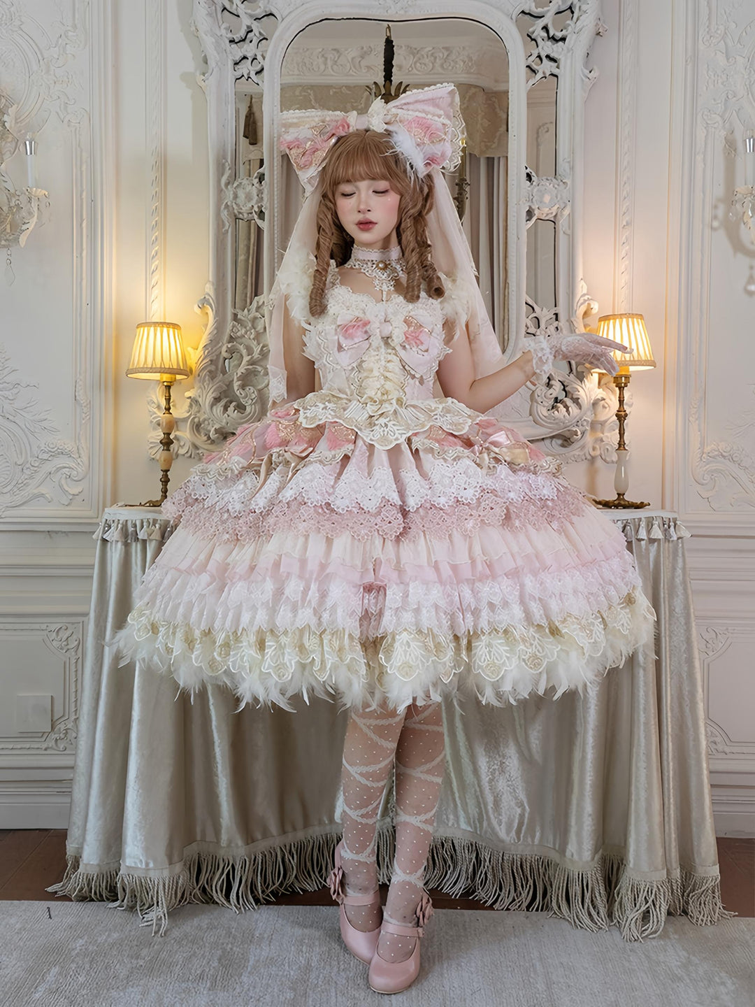 Mewroco~Peacock Feather 2.0~Bridal Wedding Lolita JSK Dress With Detachable Feather Hem