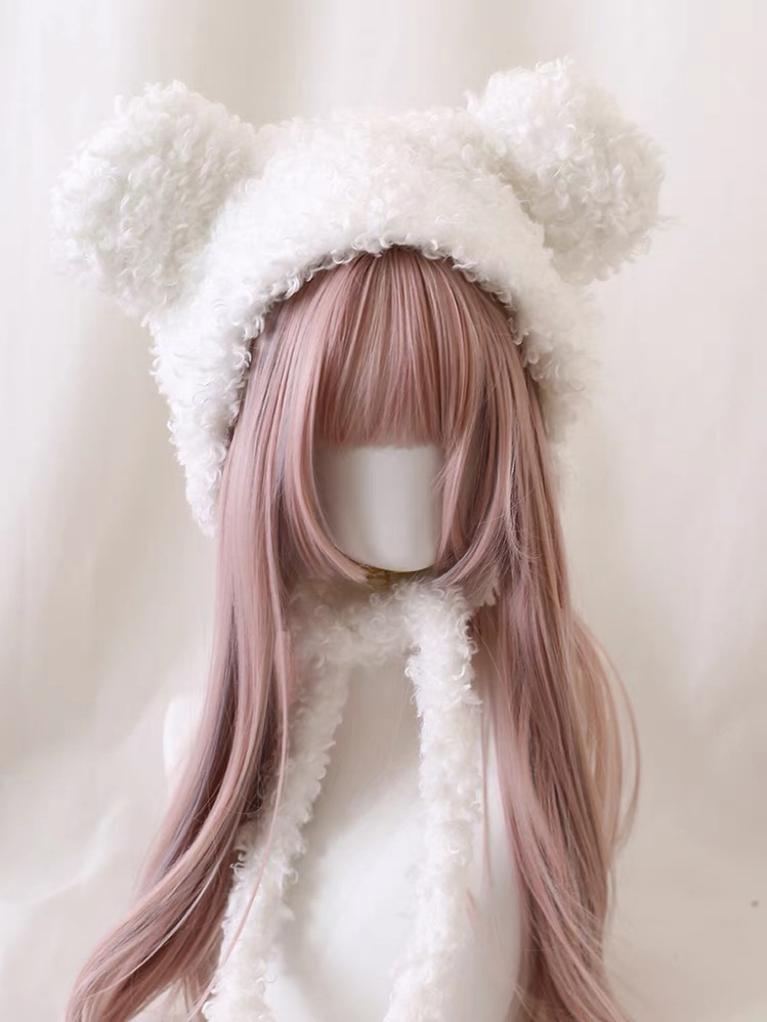 Xiaogui~Cute Lolita Teddy Bear Ears Hat Kawaii Winter Hat M(56-58cm) Furry Bear Ear Hat (White) 