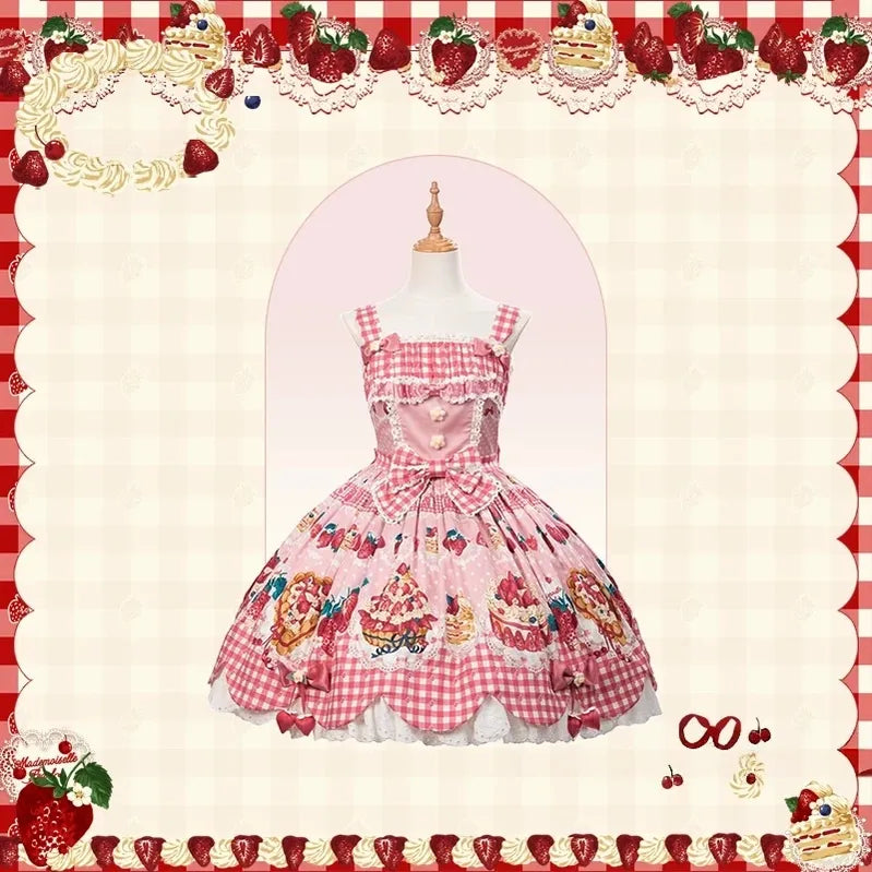 Strawberry Cake Pictorial - Cotton Sweet Lolita Petal Hem JSK, Strawberry Cake Print (L M S XL XS) 45810:863207