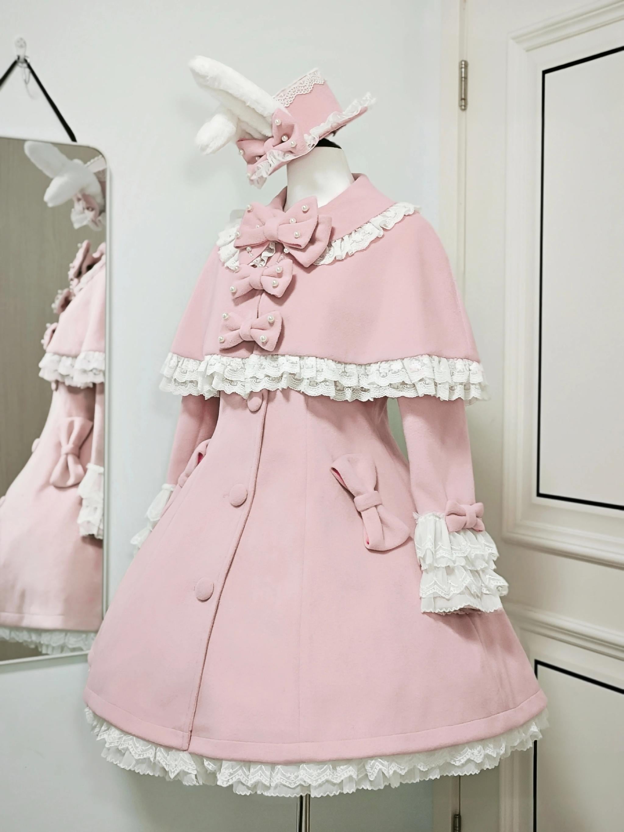 Lace Heart-Knot - Winter Sweet Lolita Lace Cape Coat, A-line Fit Pink Coat Only (regular) S