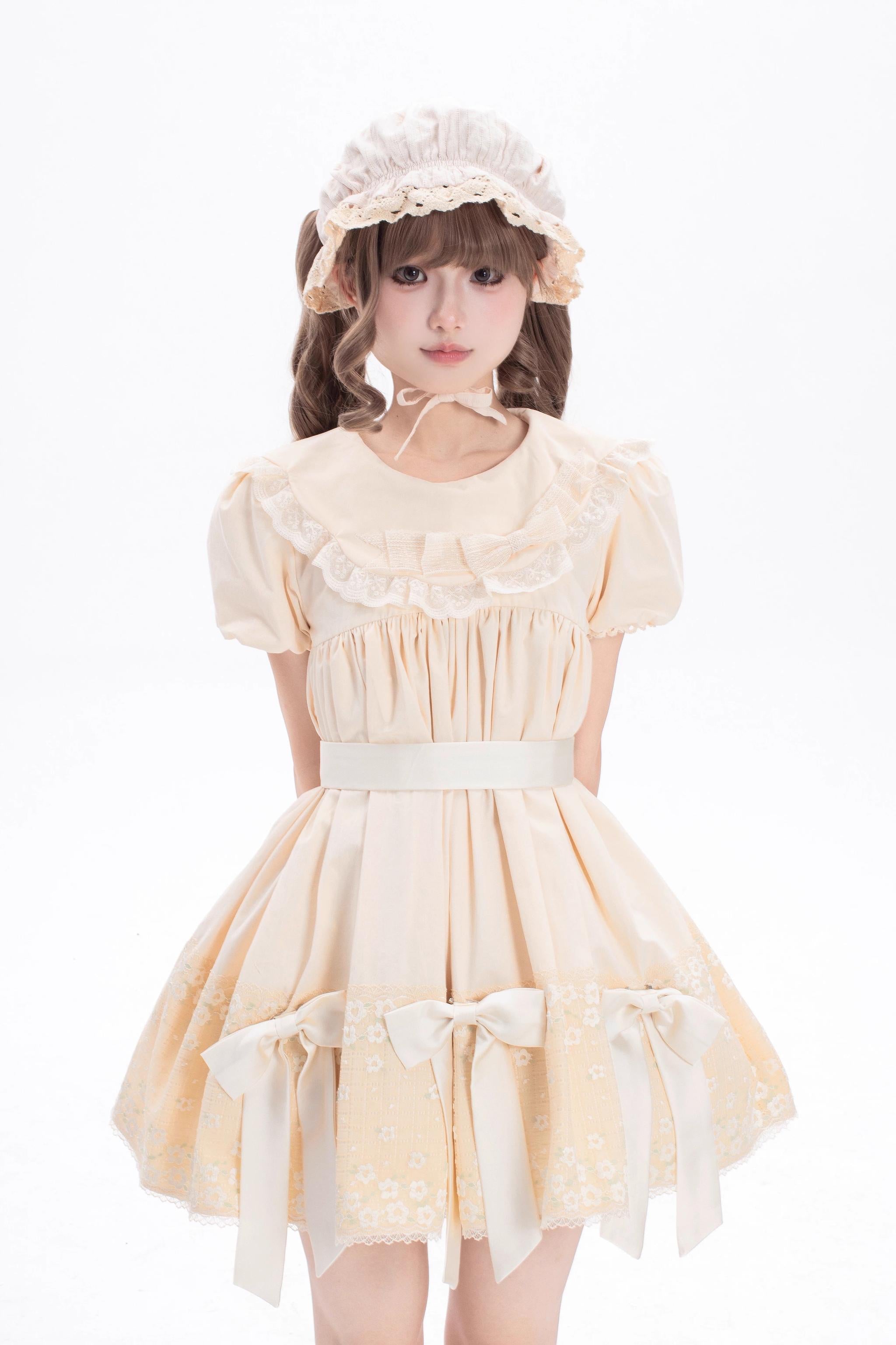 Fresh Tea Lolita - Meringue Frosting - Cotton Kawaii Lolita OP Dress with Satin Bow