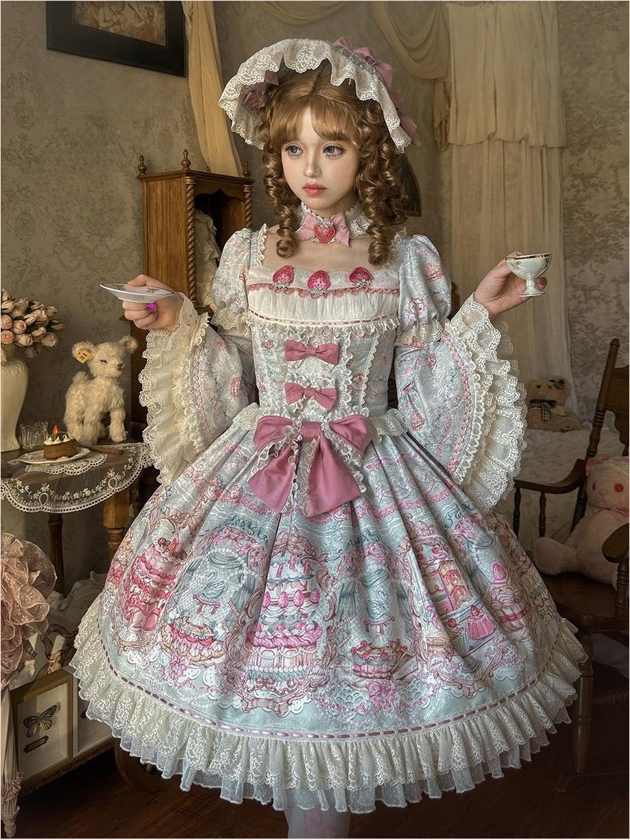 Victorian Cake - Classic Lolita OP Dress, Strawberry Cake Print