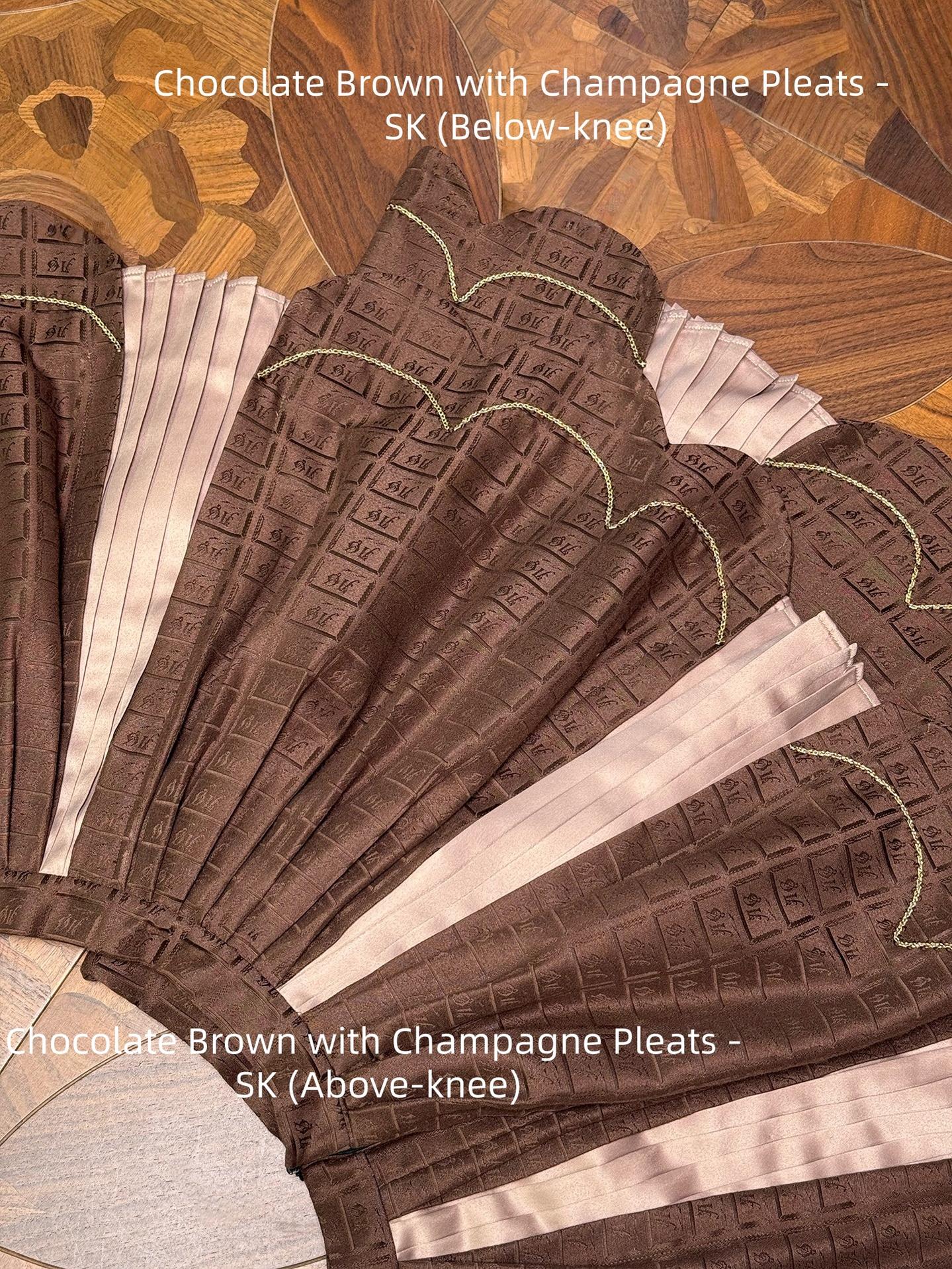 Alice Girl - Bear Chocolate Slab - Classic Lolita Pleated JSK & SK Dress, Side Zipper Chocolate Brown with Champagne Pleats - SK (Below-knee) XS