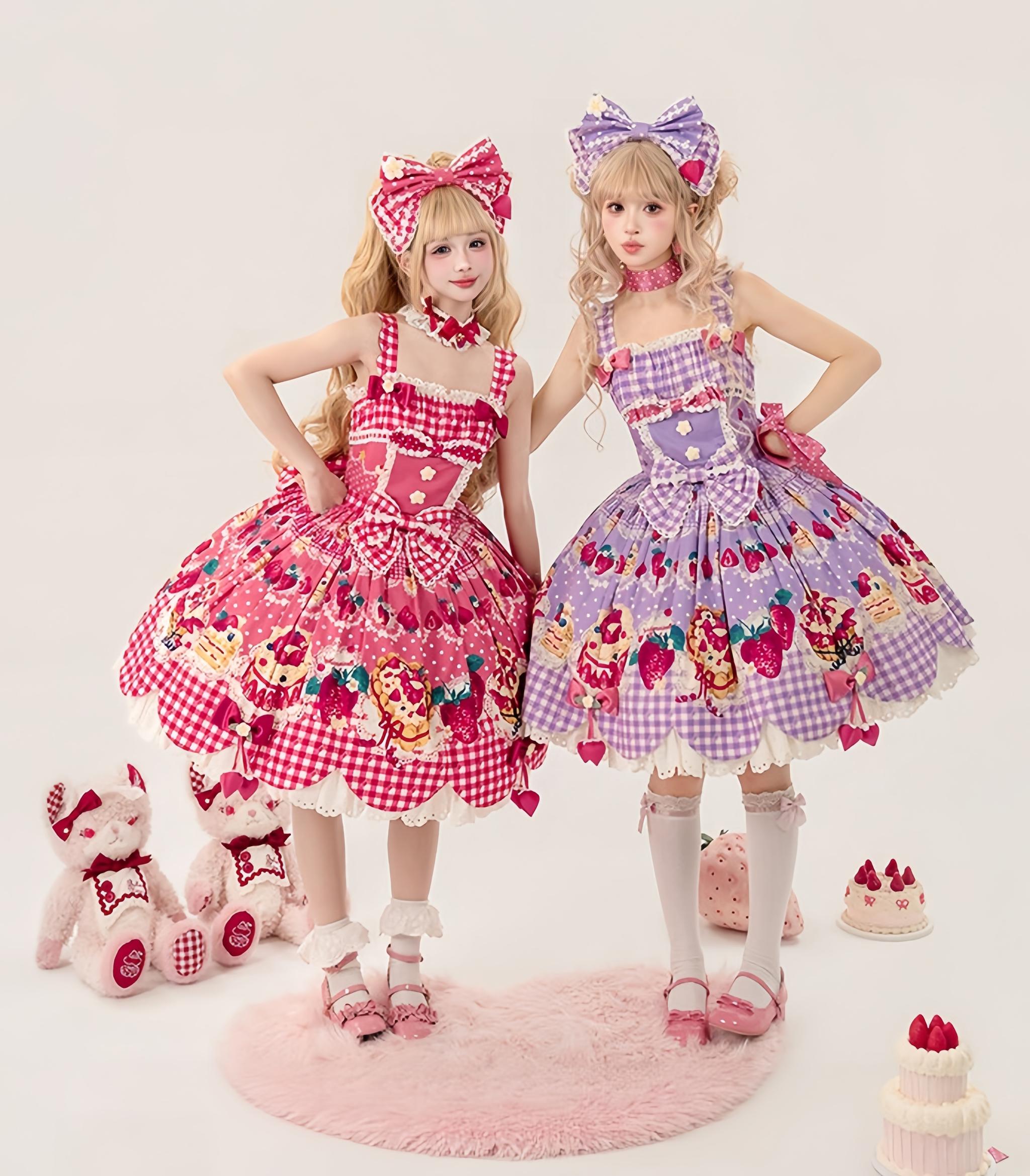 Strawberry Cake Pictorial - Cotton Sweet Lolita Petal Hem JSK, Strawberry Cake Print 45810:863220