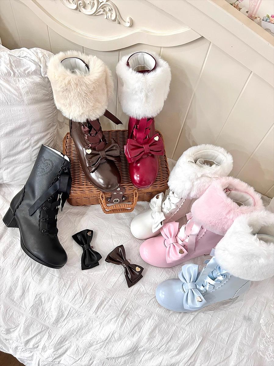 Sheep Puff - Snowy Mochi - Kawaii Lolita Winter Boots, Detachable Fur Trim 43995:791532