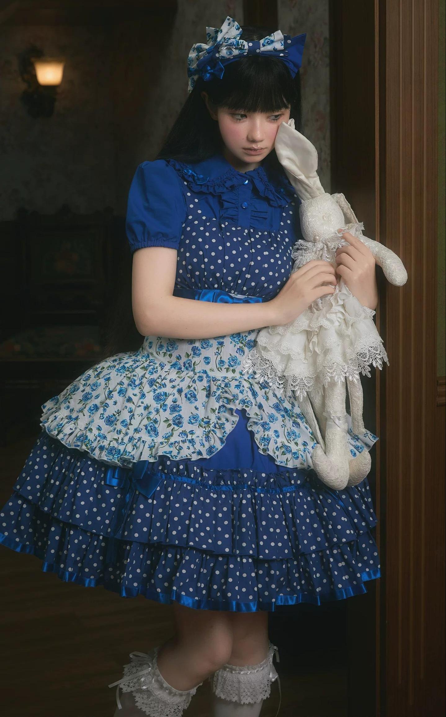 Libobo - Cotton Old School Lolita JSK Dress, Polka Dot & Floral Print 45878:866110
