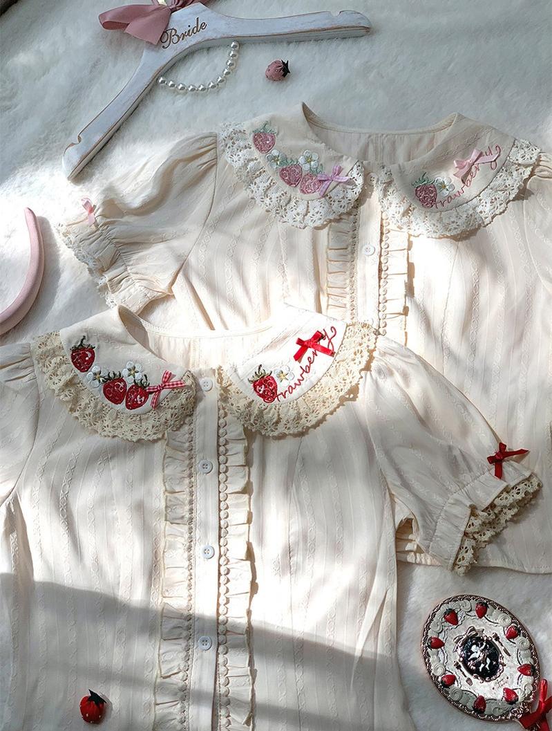 Sweet Lolita Jacquard Blouse, Strawberry Embroidery Collar 45673:858124