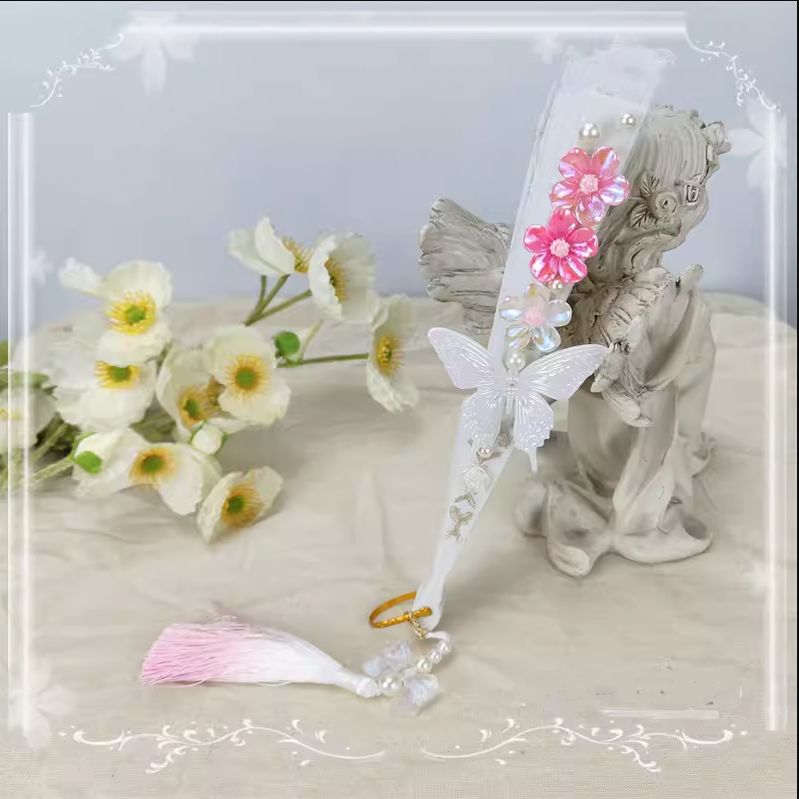 Cocoa Jam - Han Lolita Fan Decorative Folding Fan with Butterfly and Flowers Tassel bright pink