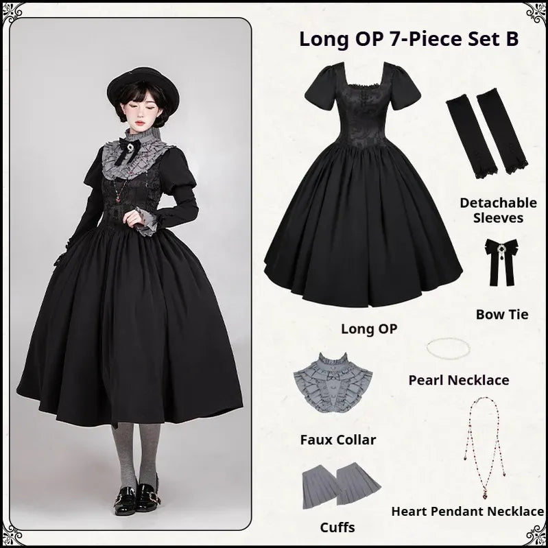 Old Covenant - Classic Lolita Jacquard OP Dress, Petal-Shaped Boned Waist Long OP 7-Piece Set B S