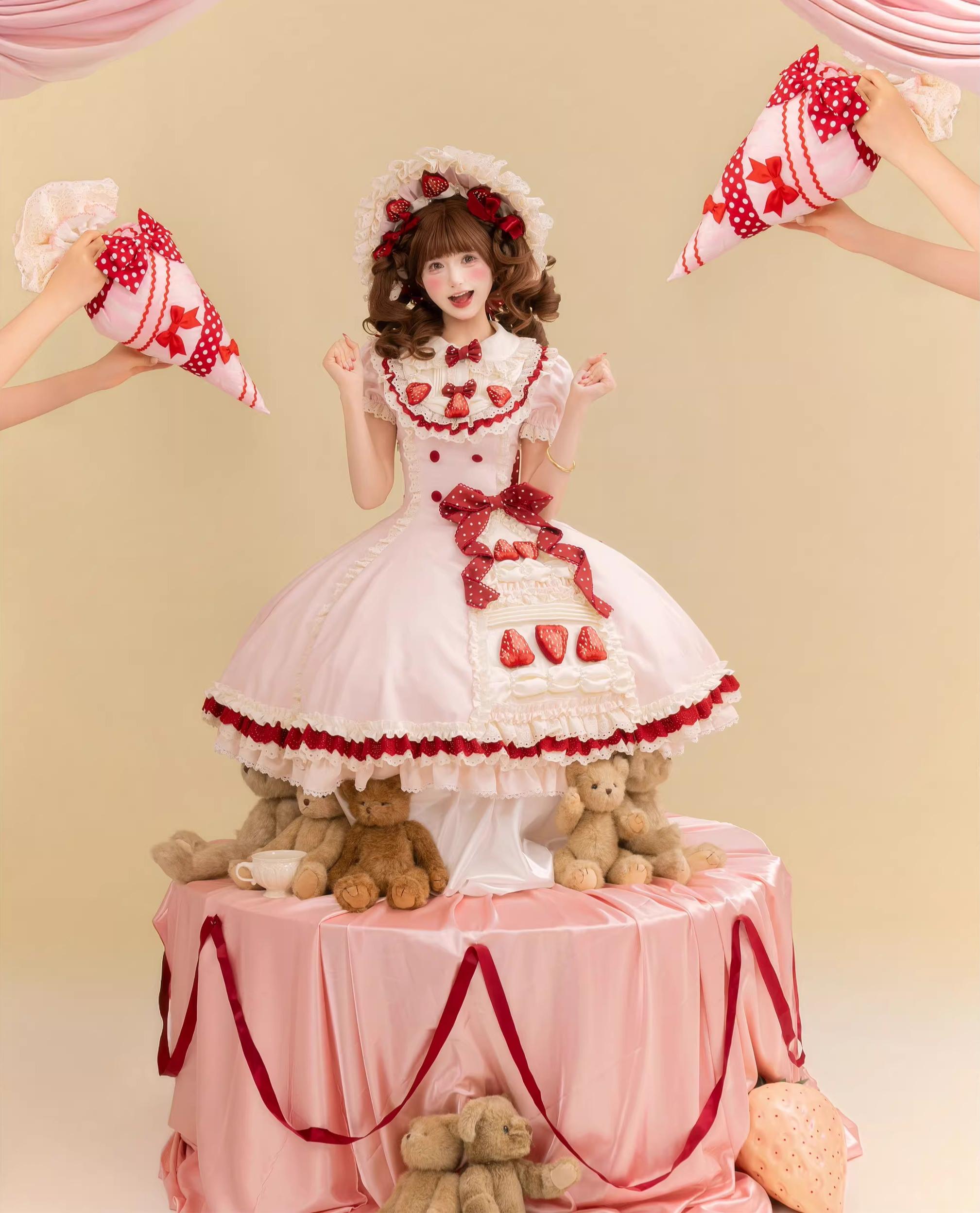 Strawberry Cake - Old School Lolita Dress, Detachable Sleeves 44451:808842