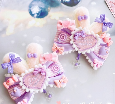 (Buy for me)Sweetheart Endless~Sweet Lolita Lace Rabbit Ears Cuffs Multicolor a pair of big rabbit ears and heart purple-pink pin (not cuff)  