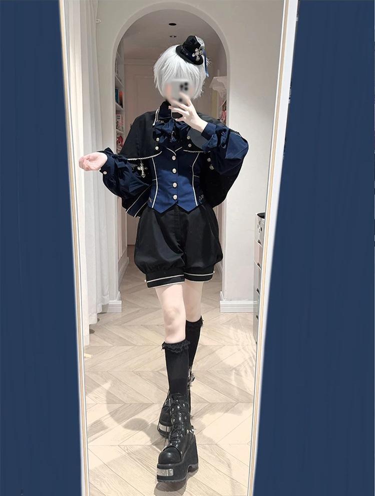 Fallen Holy Star - Ouji Lolita Ruffled Chiffon Blouse & Cape Set, Elastic Shorts 45816:863689