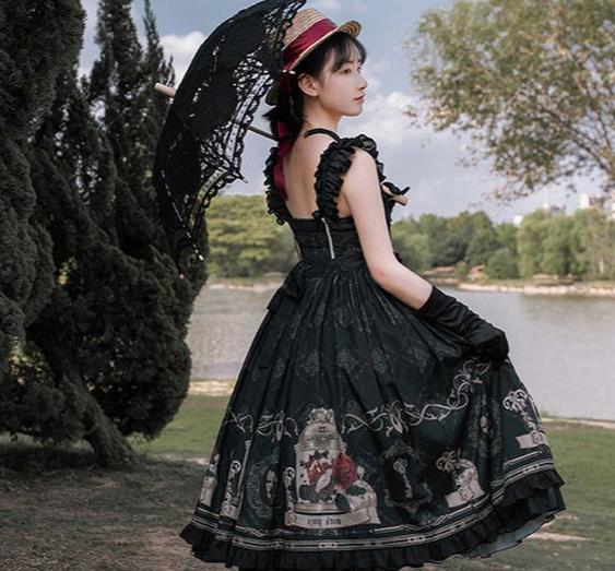 Nightingale and Rose - Classic Lolita Chiffon Dress, Rose & Birdcage Print
