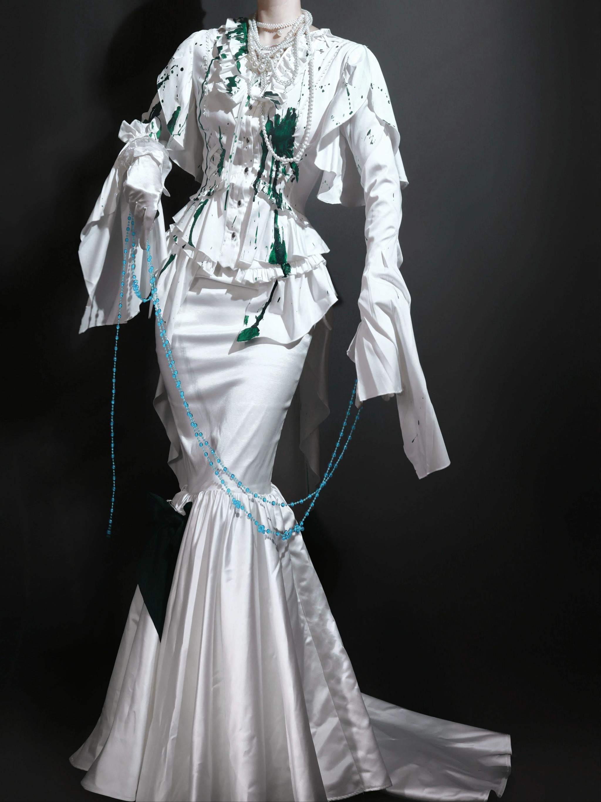 Echo of Deep Sea - Satin Ouji Lolita Trailing Blouse, Solid or Blood Stain Style 45666:857869