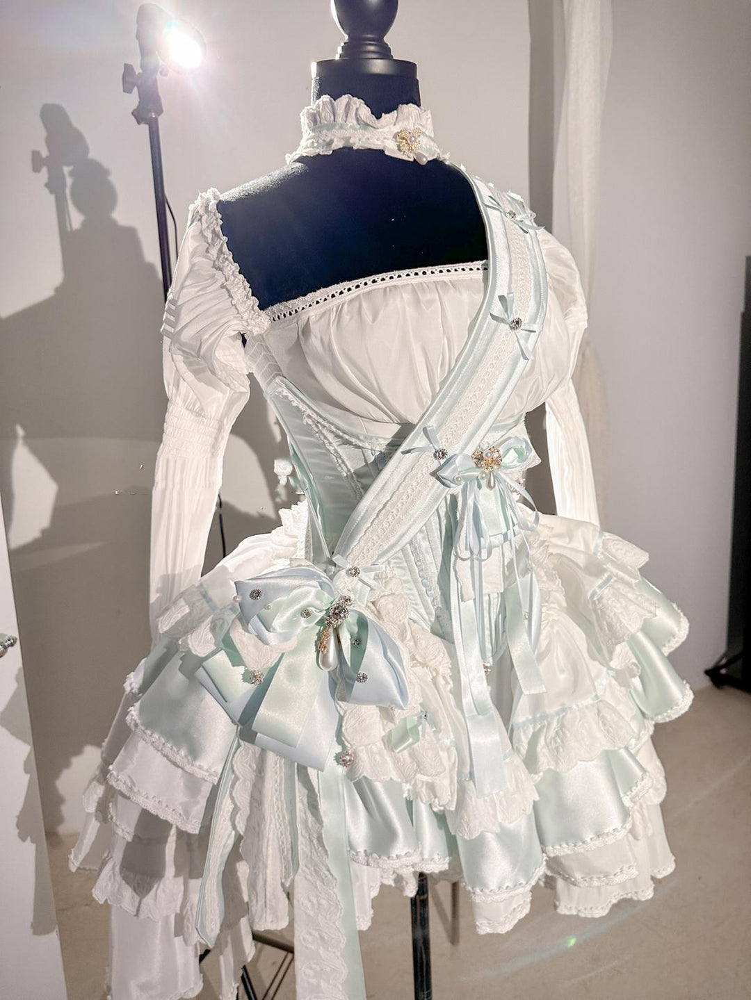 POSHEPOSE~Beauty and Mint Cloud~Sweet Lolita Dress Set High End S Fullset(top+trailing+sash+halter+corset+bloomers) 