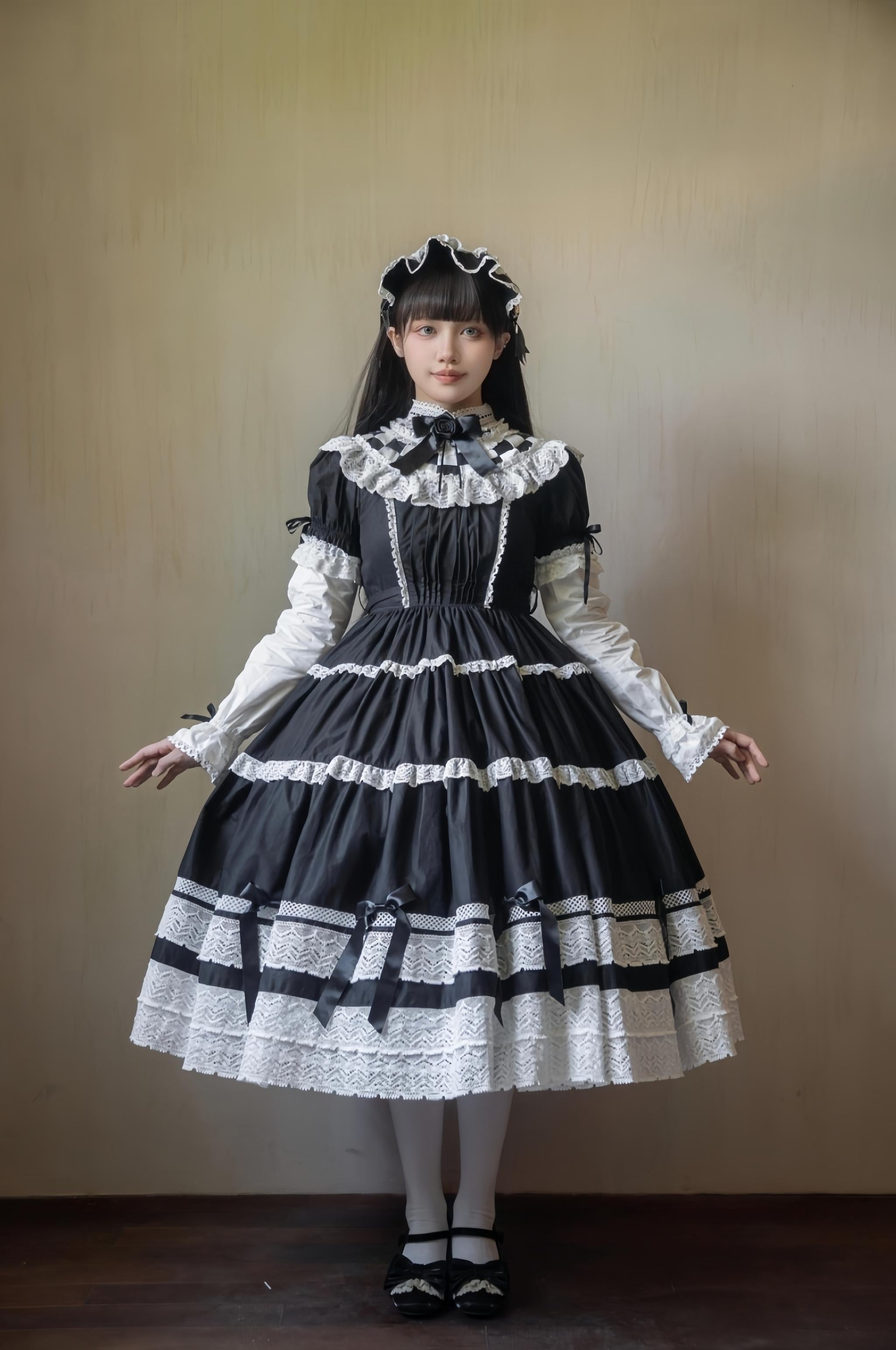 Edelburg Rose - Old School Lolita Cotton OP Dress Set, Detachable Sleeves 45685:859166