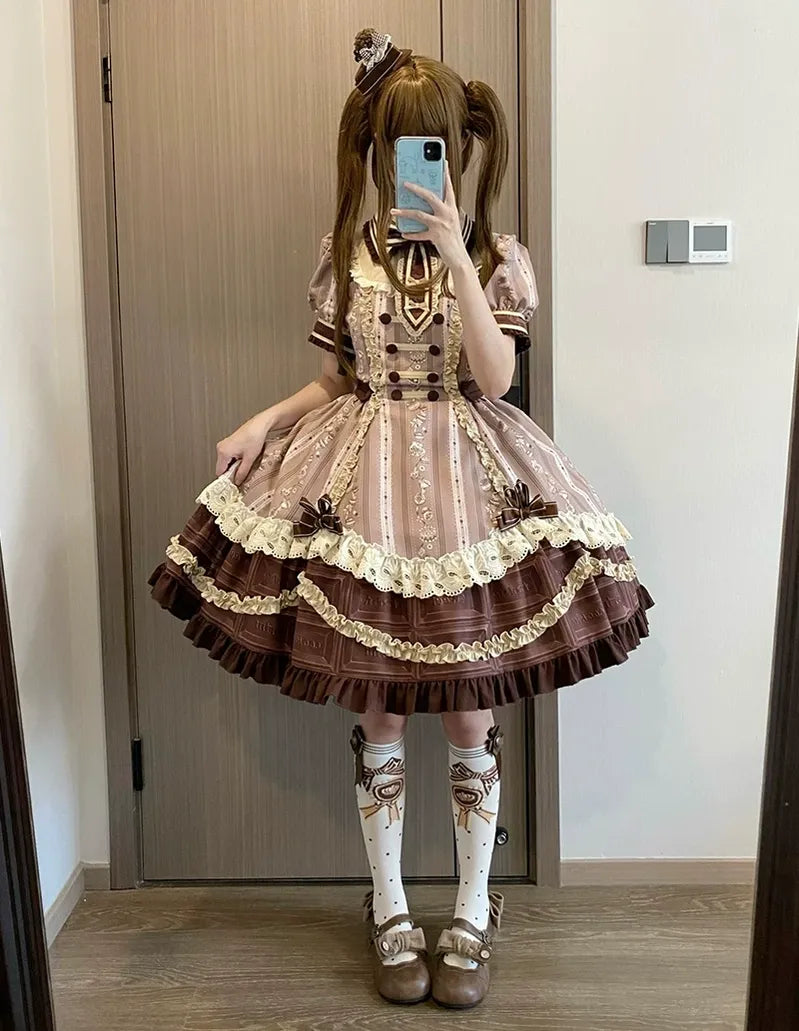 Chocolate Cone - Kawaii Lolita Dessert Print OP Dress, Detachable Sash Set 45782:862687