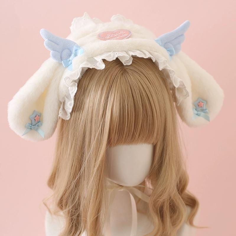 Xiaogui~Kawail Lolita Headband Plush Bunny Ears Wings Headdress   