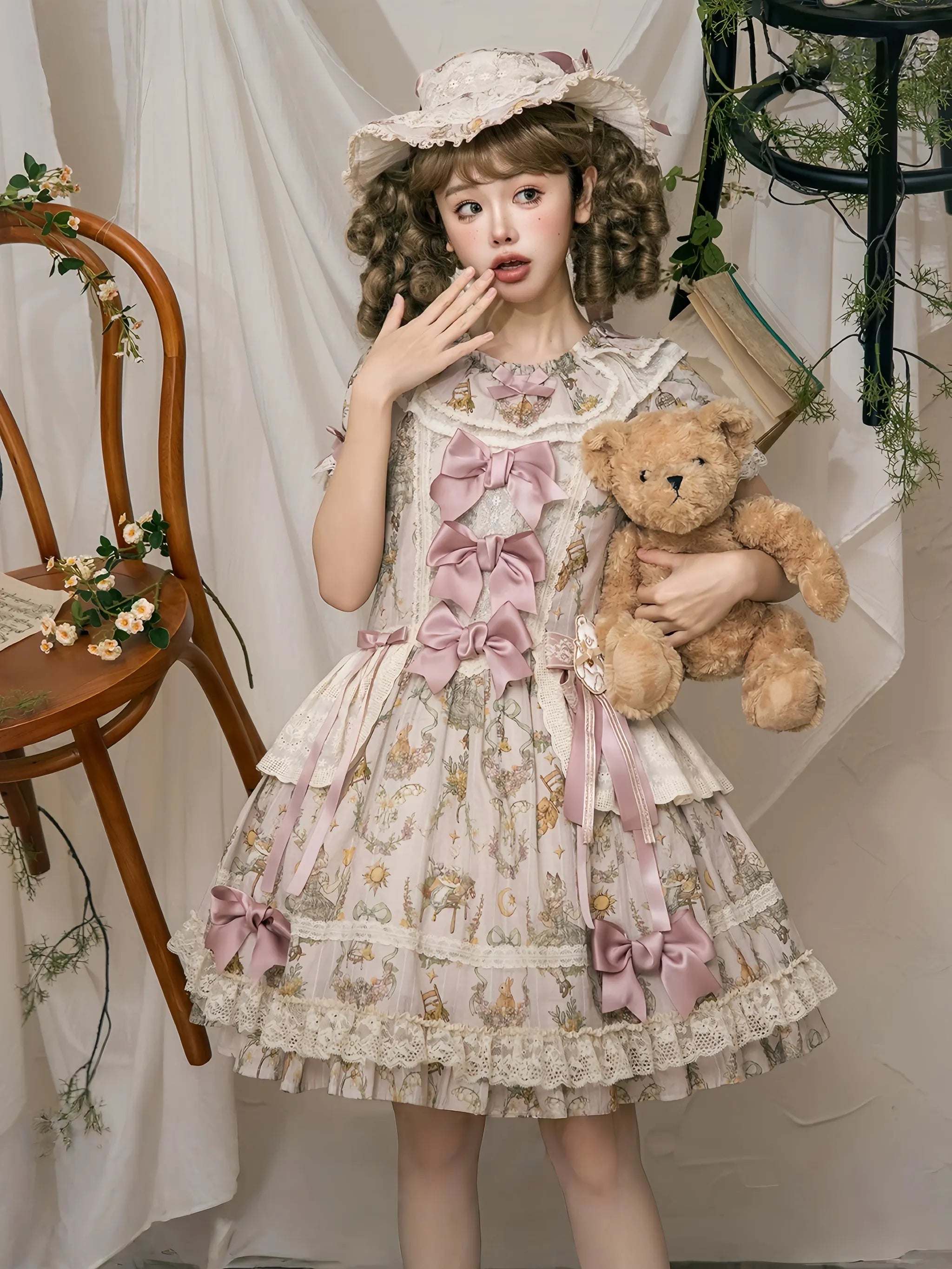 Anniversary Print - Cotton Classic Lolita OP Dress, Floral and Bunny Print
