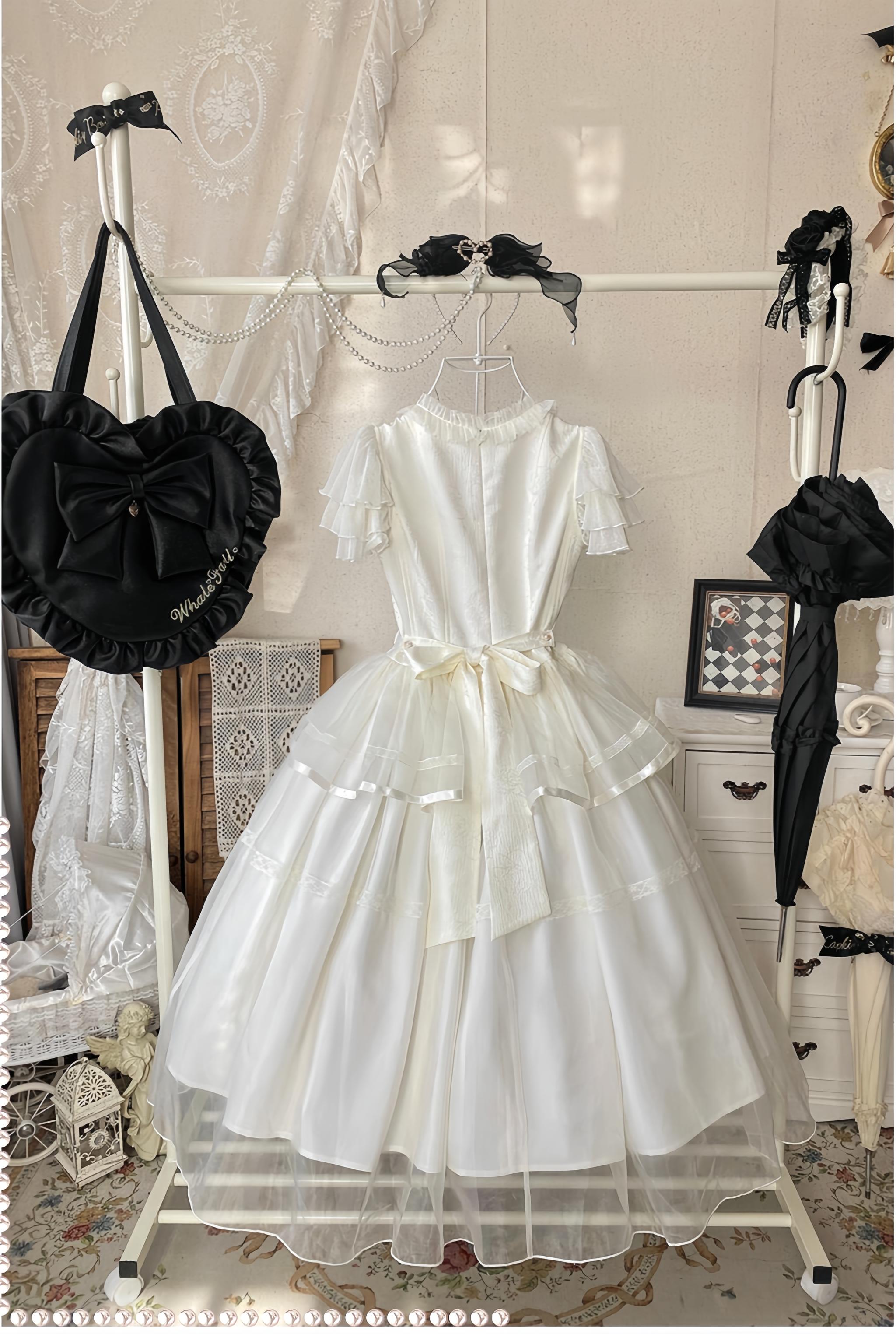 White Bird Love Letter - Classic Lolita Jacquard OP Dress, Embroidered Tulle Hem