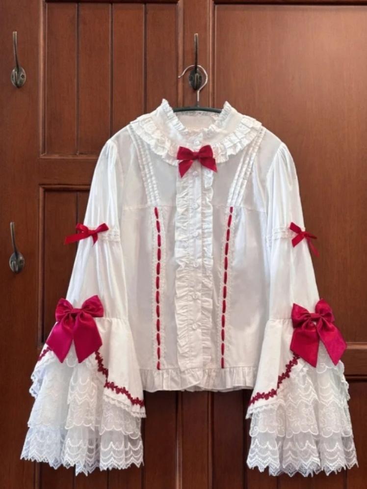 MQ Cat Ball~Maze Doll~Old School Lolita Princess Sleeves Shirt Short Cotton Blouse White and red Long-sleeved shirt S