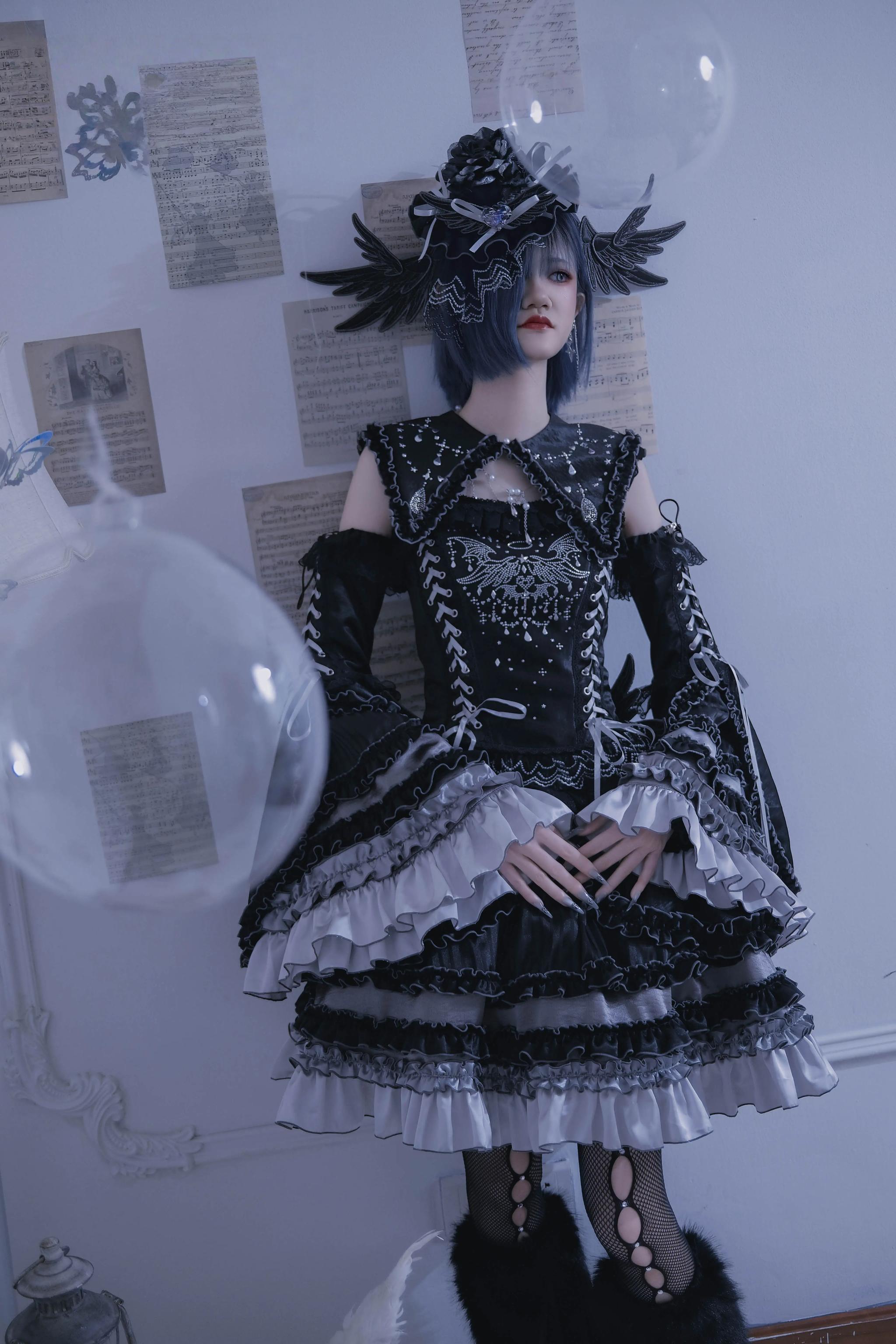 Metallic Angel Black - Gothic Lolita Rhinestone Top & Ruffled Skirt Set