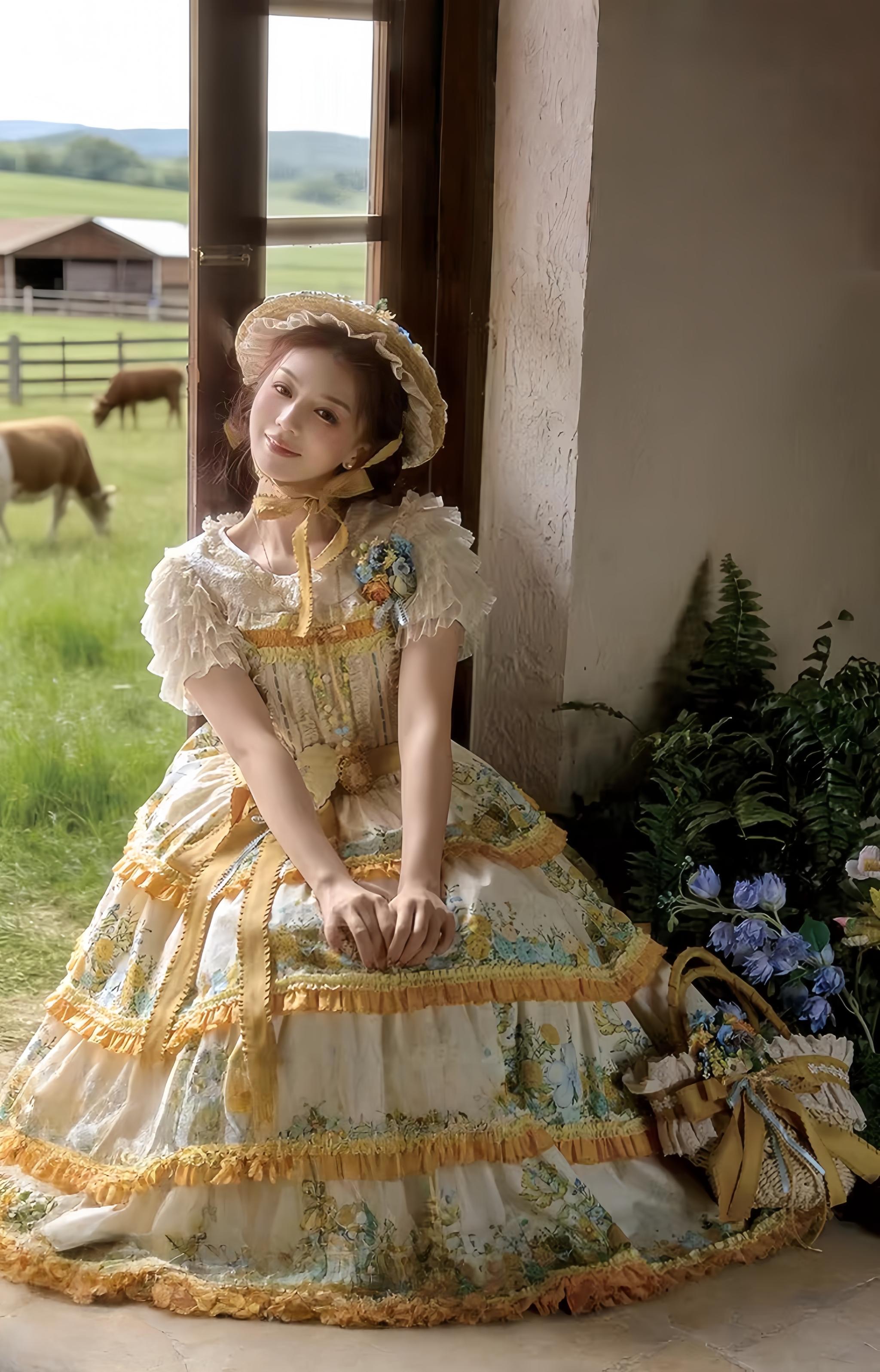 Flower Rabbit Bear - Country Lolita Tiered Skirt Dress, Floral & Bear Print