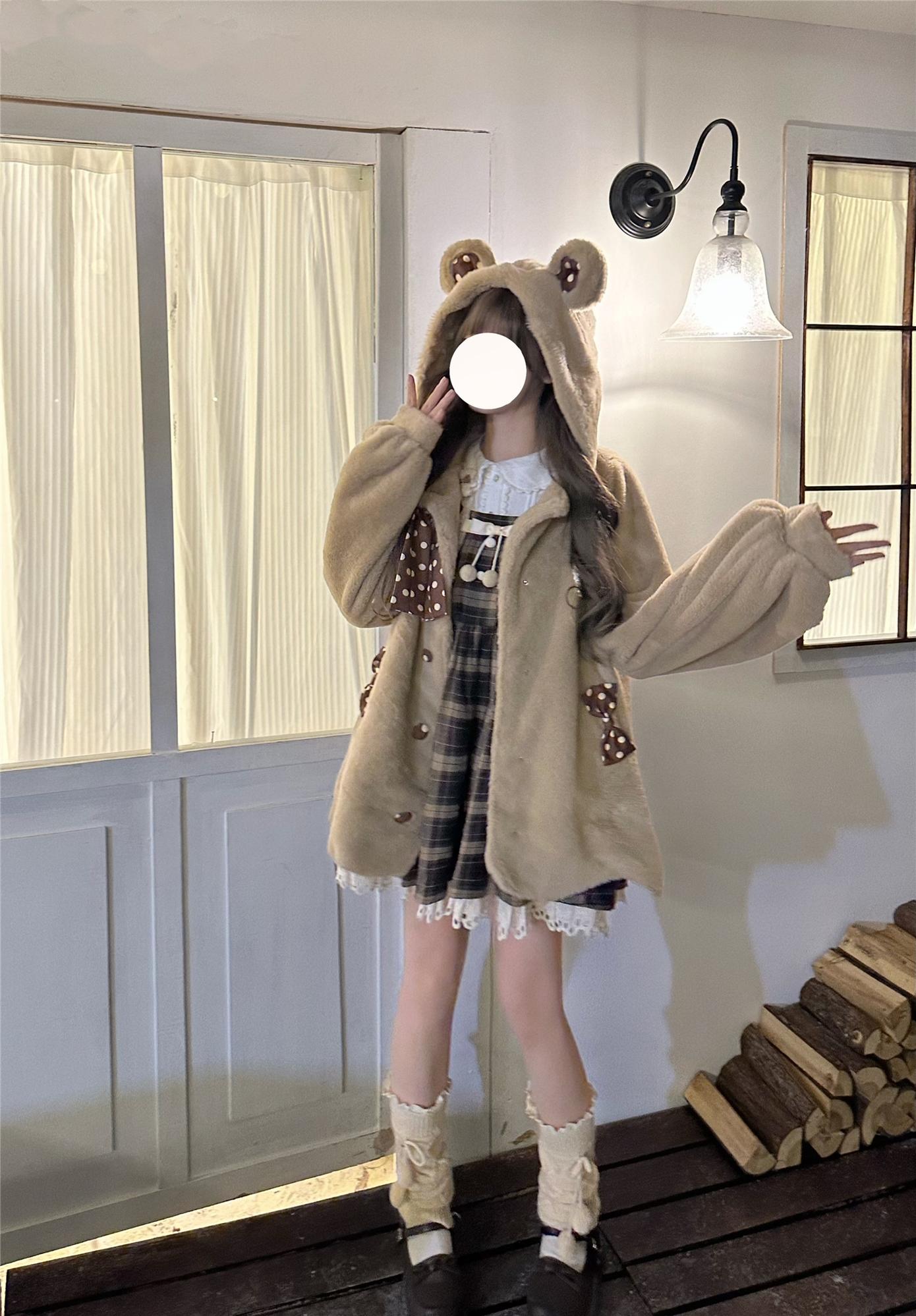 Sissy the shepherd~Pearl Milk Tea Bear~Kawaii Lolita Coat Winter Lolita Coffee Plush Overcoat   