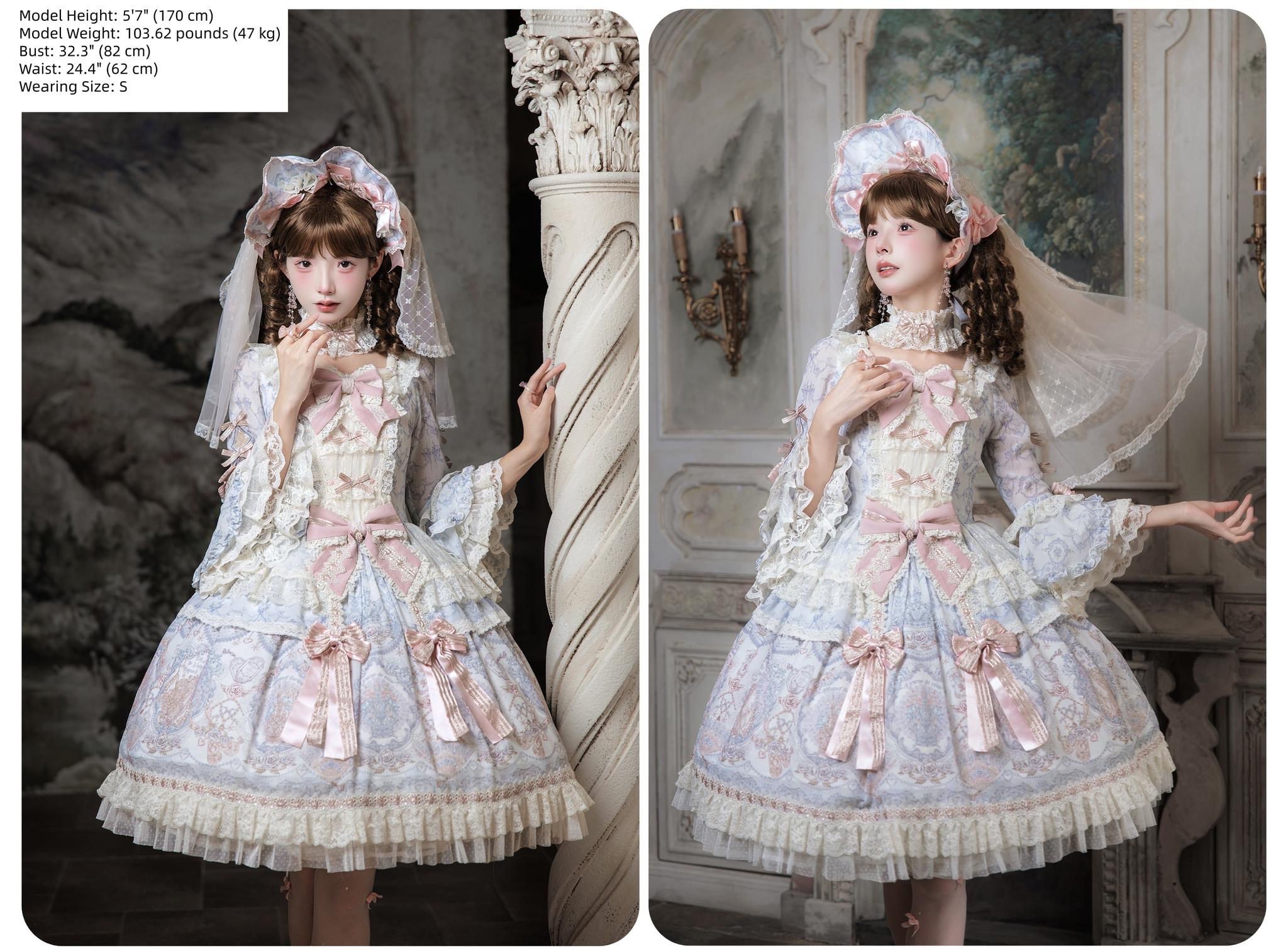 Rose Fragrance - Classic Lolita Lace JSK & OP Dress, Rose & Perfume Bottle Print 45850:865594