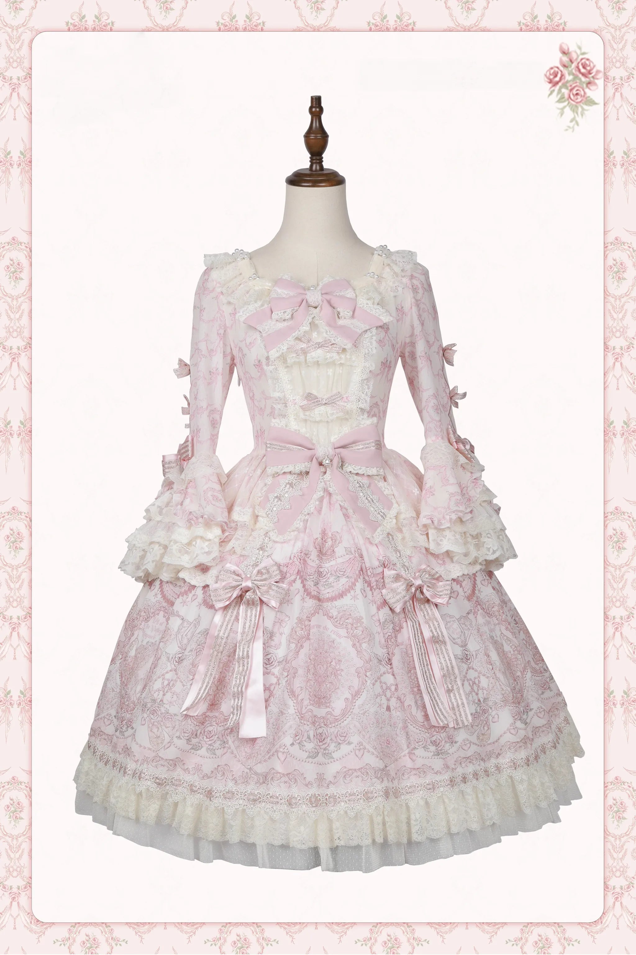 Rose Fragrance - Classic Lolita Lace JSK & OP Dress, Rose & Perfume Bottle Print (L M S) 45850:865551