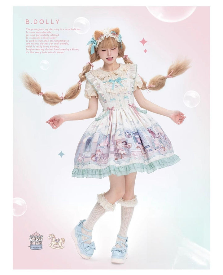 Baduoni~Dream Core Childhood~Kitty Printed Sweet Lolita JSK with Cute Headband