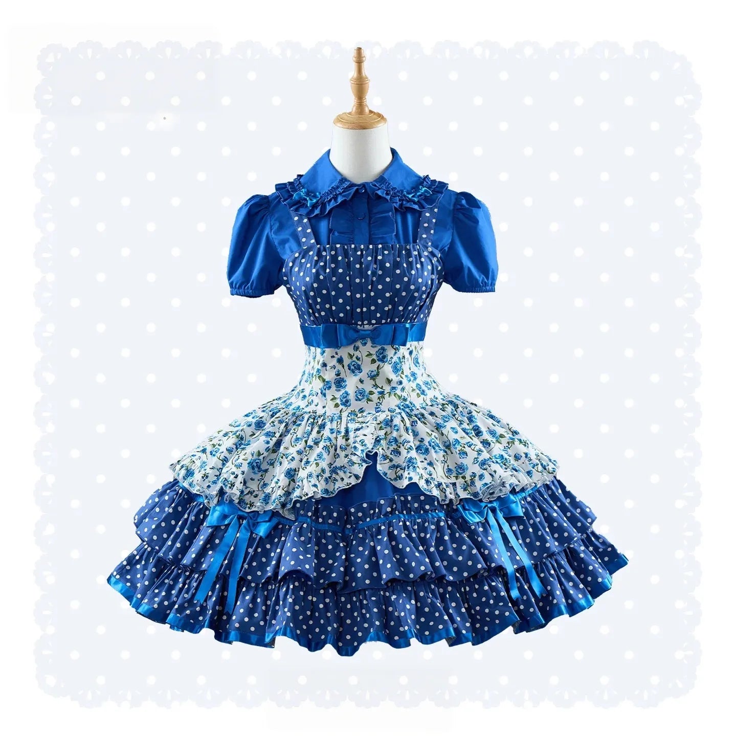 Libobo - Cotton Old School Lolita JSK Dress, Polka Dot & Floral Print 45878:866101