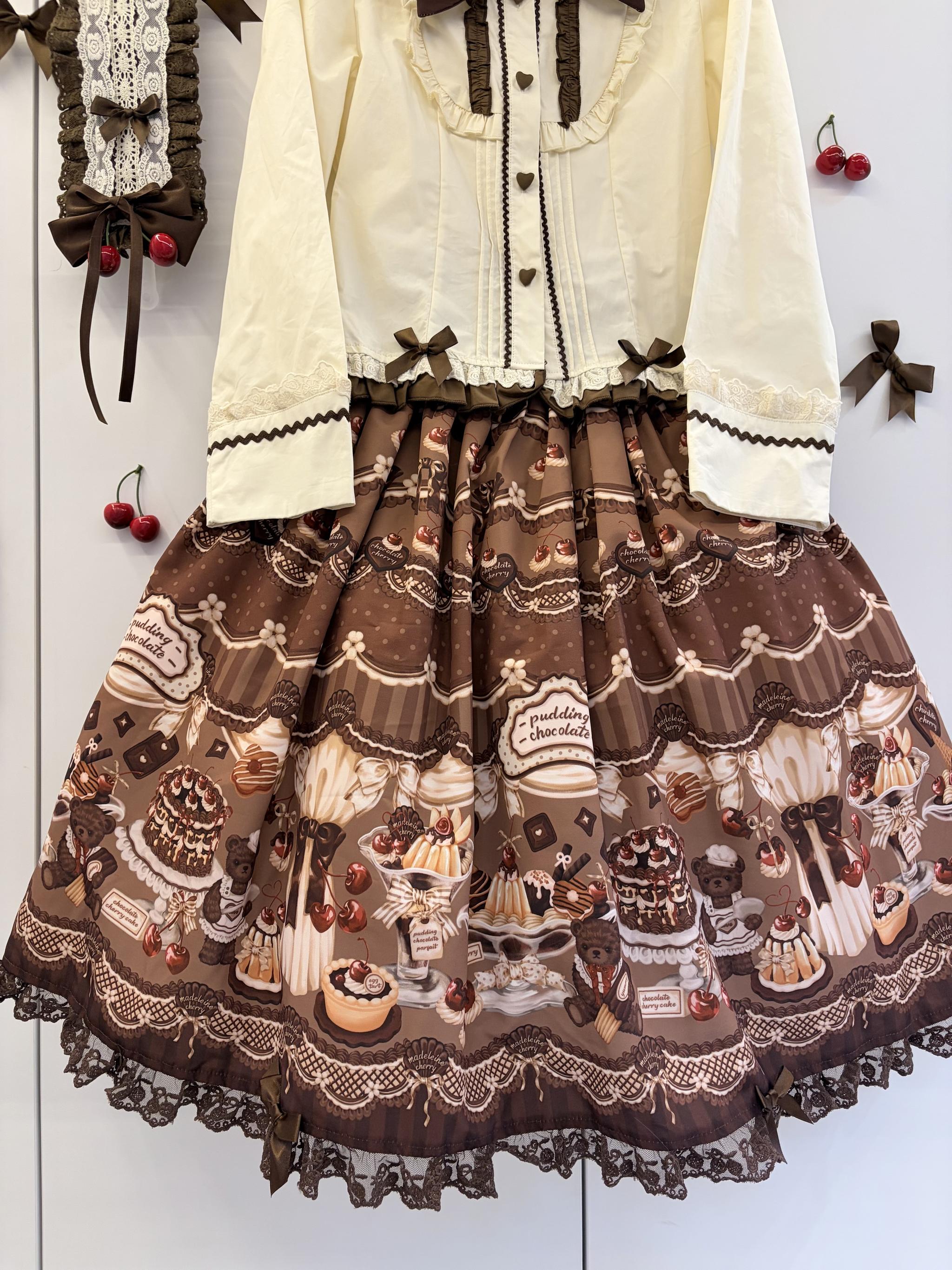 Cherry Choco Bear - Kawaii Lolita Elastic Skirt, Dessert and Cherry Print