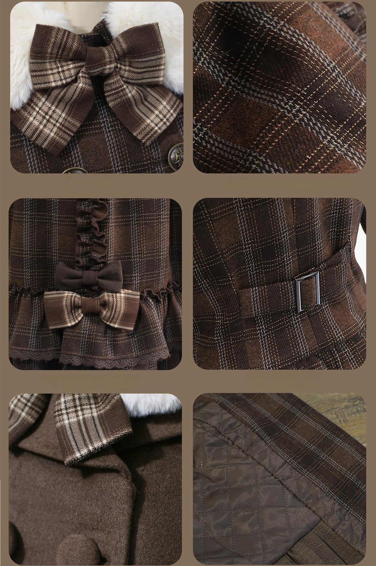 Filled Chocolate - Winter Classic Lolita Plaid Coat Set, Detachable Plush Collar 45900:867152