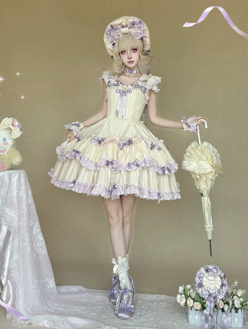 Eternal Girlhood - Six-Panel Old School Lolita Striped JSK & OP, Bow Accents 45811:863041