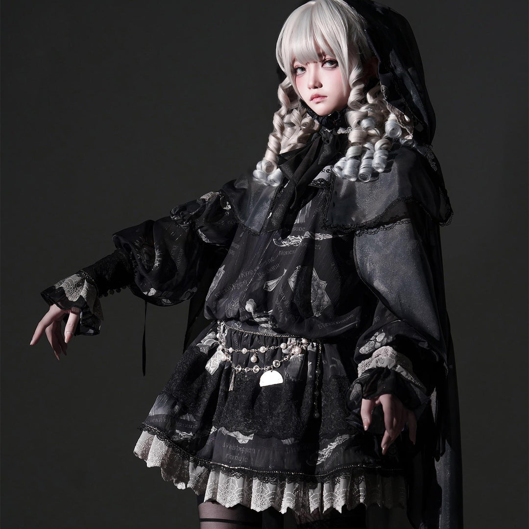 Sing a lullaby for you~Believer~IP Collab Gothic Lolita OP Dress Set Printed Hooded cape   