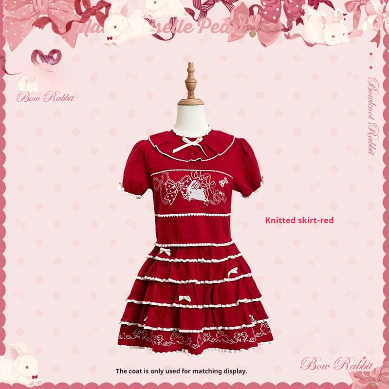 Mademoiselle Pearl~Bow Bunny~IP Collab Sweet Lolita OP Dress Bow JSK OP XS Knit Skirt (Red) 
