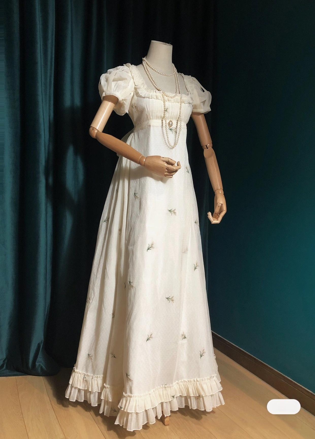 Surface Spell - Spring Rendezvous - Vintage Lolita OP Dress Embroidered Empire Waist Dress S Beige white
