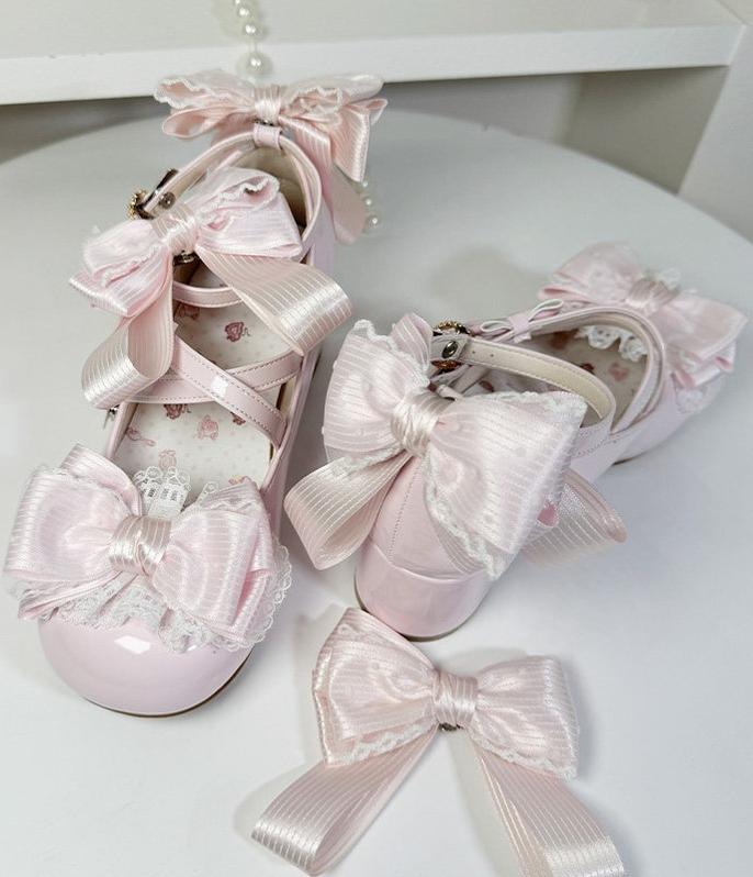 Cloud Satin Dream - Sweet Lolita Shoes, Ribbon Bows & Round Toe Pink mid heels 35