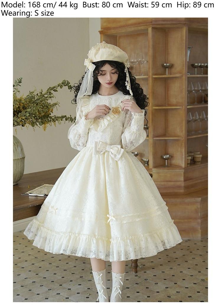 With PUJI~Floral Melody~Ivory Classic Lolita Long Sleeve OP Dress with Layered Bolero