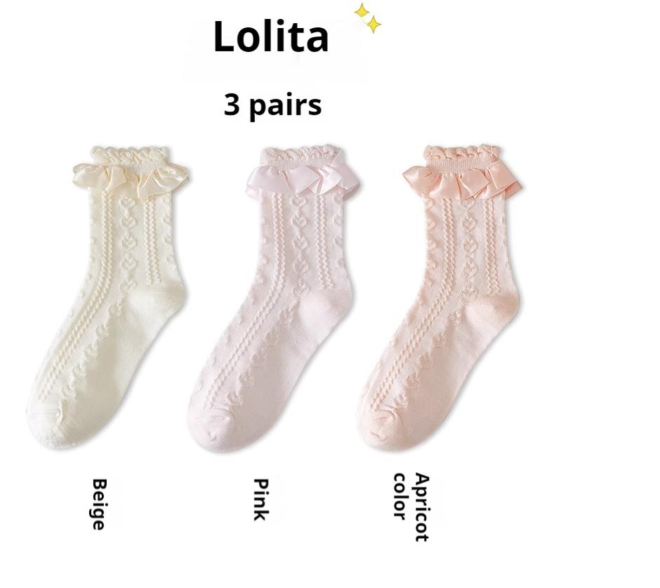 JingChi - Sweet Lolita Socks Women's Multicolor JK Mid-Calf Socks Beige + Pink + Apricot One Size (36-39)