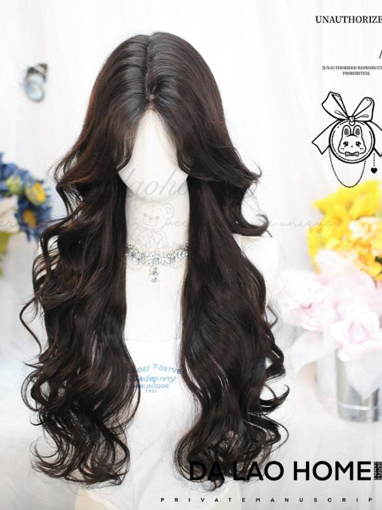 Dalao Home - Flower Season - 70 CM Lolita Wig Long Curls Eight Character Bangs Black Tea Wig + Hairnet