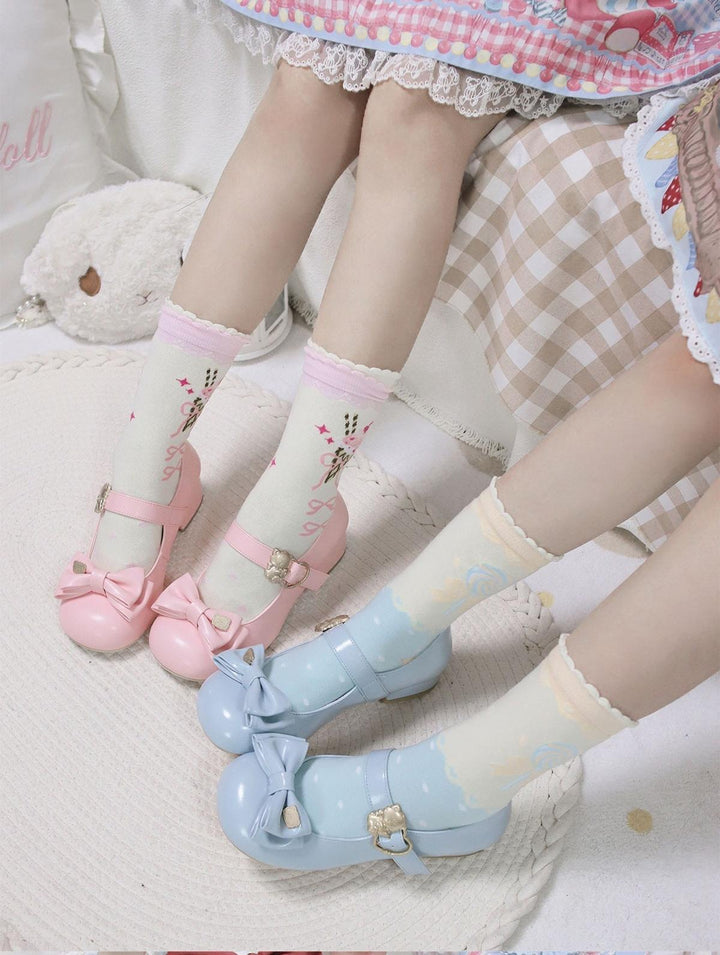 Sheep Puff~Mikko Hug~Sweet Lolita Shose Round Toe Lolitta Heels Butterfly Bow   