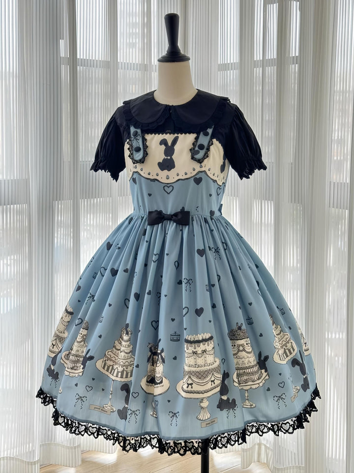 Sweet Dream Sheep - Cake Bunny - Blue Sweet Lolita Dress, Bunny&Cake Print Blue JSK Only S
