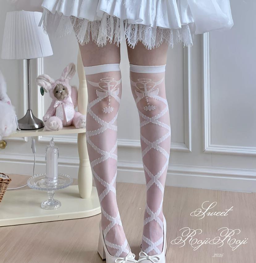 Lolita Cross Printed Socks with Layered Lace Trim Cuff (White) 45516:852729