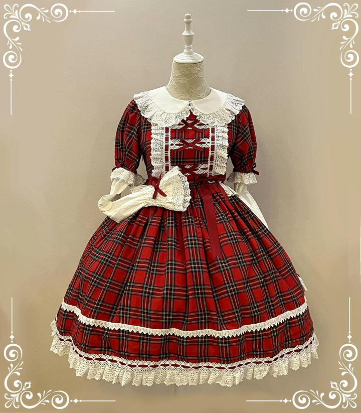 (BFM)Little Bear~Laura's Doll~Vintage Lolita Dress Cotton OP JSK Splicing Sleeves Red plaid OP S 