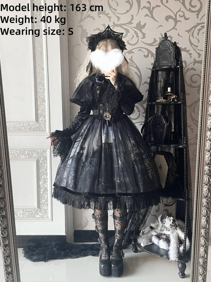 LilithHouse~Horror House~Gothic Lolita OP Set with Cape and Castle Print